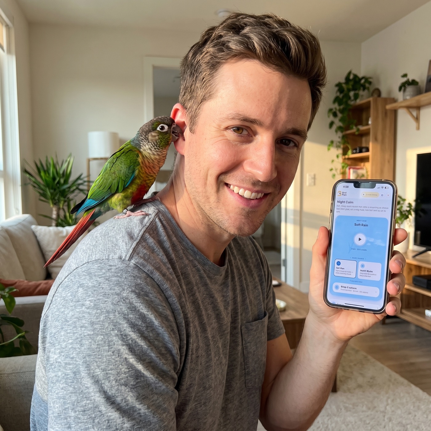 Happy Bird Plan owner with his conure